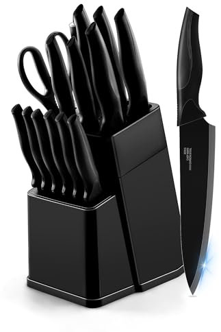 Joyfair Messerblock mit Messer, 15-teiliges Hochwertig Carbon Edelstahl Messerset mit Wetzstahl, Scharf Messer Set mit Kochmesser, Brotmesser, Schere, Küchenmesser für Hacken & Schneiden, Schwarz