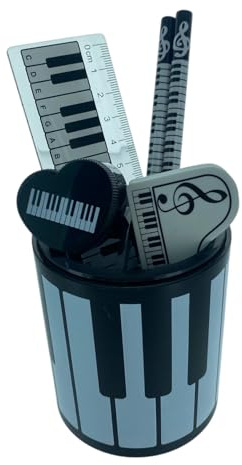 Music Pen Holder Gift Set – Keyboard Desk Tidy Organiser with Stationery (2 Pencils, Ruler, Eraser, Sharpener) – Music Lover Gift, Office & School