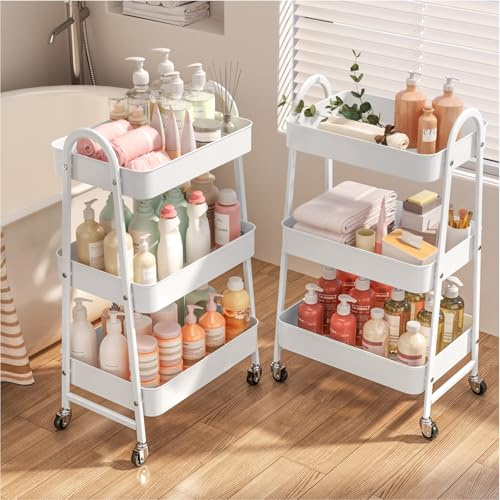 StowBin 3 Tier Metal Storage Trolley with Wheels – Rolling Utility Cart with Handle and Mesh Shelves for Kitchen, Bathroom, Office – White