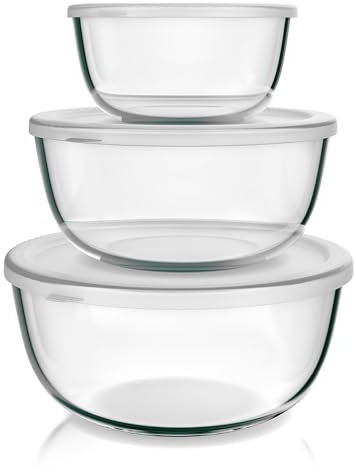 Arendo - Salatschüssel aus Glas mit Deckel - Glasschüssel 3er Set - 1100ml + 2700ml + 4400ml – Rührschüsseln klein bis groß – Borosilikatglas - Glasschale Salatglasschale