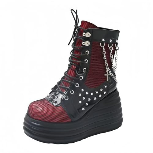 Donna gotico grossa piattaforma cunei stivali caviglia con catena cuore rivetto Punk mezzo vitello stivali motocicletta punta rotonda cerniera cunei tacchi alti Rave fibbia spessa suola cavaliere