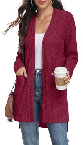 PrinStory Womens Cardigan Long Sleeve Open Front Cardigans Loose Casual Knitwear Ribbed Knit Outerwear with Pocket (Wine Red, M)