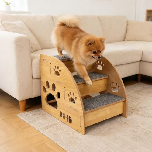 Escalera para perros pequeños, escalera de madera para mascotas, 3 niveles, rampa para perros para cama, sofá, balcón, escalera antideslizante para perros, escalera para gatos viejos, 30 x 40 x 35 cm