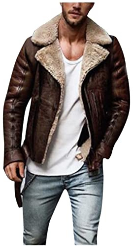 Fuskskskskjuvning flygarjacka, vintage biker-stil läderrock med tjockt fleecefoder, varm vinter pilotjacka med bältad fåll, perfekt för helgresor eller julmarknadskläder
