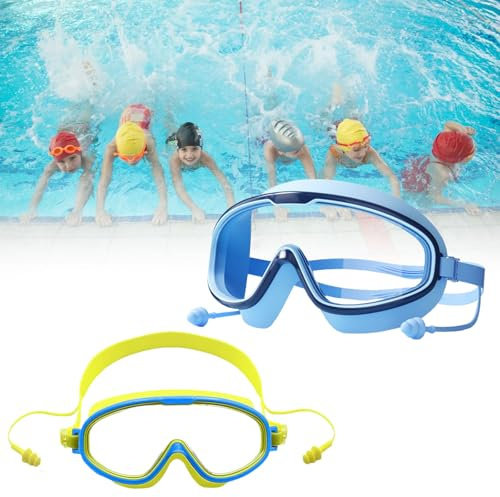 Comioke Lot de 2 Lunettes de Natation Enfants, Grand Champ de Vision HD 180°, Anti-Buée & Protection UV, Silicone Doux Réglable,avec Bouchons d’Oreilles & Pinces-Nez
