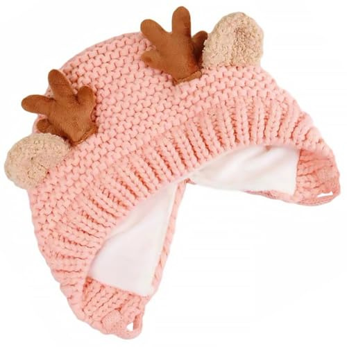 DEARMAMY Fleece Lined Knitted Hat Varm Babymössa med Hjorthorn Vintermössa för Höst och Jul och Andningsbar Stickad Mössa för Rosa