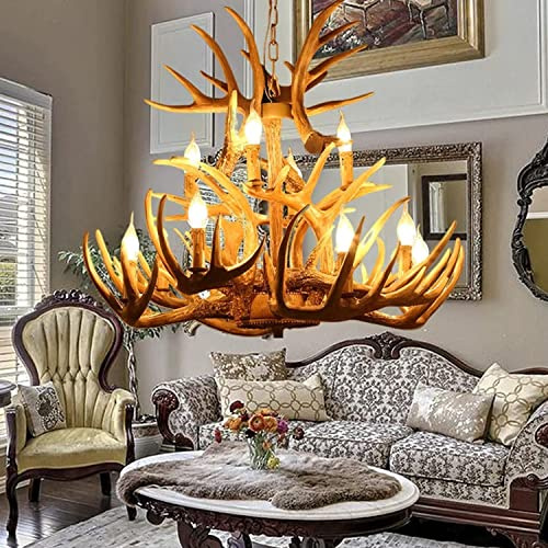 Brun hornkrona med 12 ljuskällor, E12-lampa, amerikansk vintage-hartslampa med horn för restaurang, klädbutik, vardagsrum