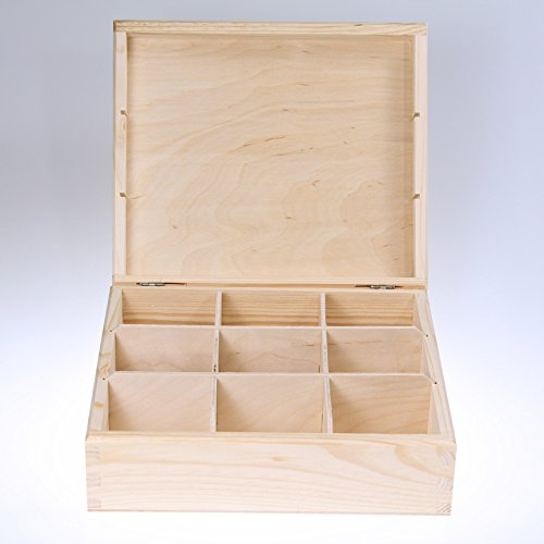 IMPWOOD Teeverliebt Teebox aus Kiefernholz mit 9 Fächern I Teekiste Aufbewahrung für Tee I Teekiste Holz zum Befüllen und Verschenken I Teebeutel Aufbewahrungsbox als Geschenkidee