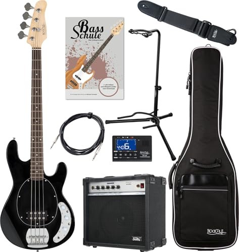 Rocktile MB-4 BK E-Bass Super Set - Body: Linde, Hals: Ahorn - 2 Single Coil-Pickups im Humbucker-Format - Inklusive Amp, Gigbag, Tuner, Gurt, Ständer, Kabel und Schule - Schwarz