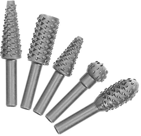 JONMON Rotary Burr Rasp Set - 5Pcs Wood Carving File Drill Bits, 1/4 Inch Round Shank Chisel Shaped Embossed Grinding Head DIY Woodworking Power Tools for Polishing, Grinding, Engraving