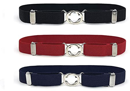 Anshili 3 Bitar Barnbälte Justerbart elastiskt stretchbälte för pojkar flickor, Svart + blå + röd, 2.5*65 cm