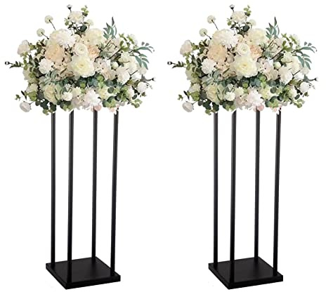 simprefine 2 Pcs 28 Inches Matte Black Wedding Flower Stand Metal Vase Column Pillar Centerpiece for Event Party Reception Table Decoration