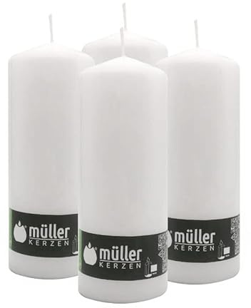 Müller Candele Grandi a Colonna - Set di 4 Candele Colore Bianco - 78 x 200 mm - Lunga Durata di 80 Ore - Cero Antigoccia - Inodore - Qualità RAL