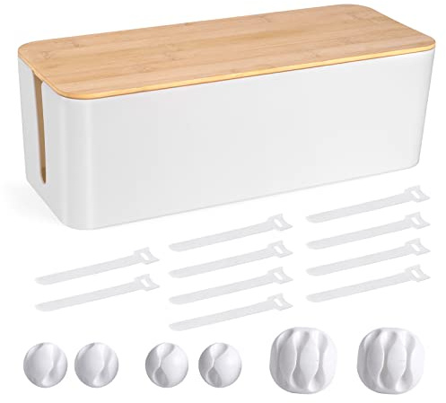 Cable Management Box - Wooden Style Large Cord Organizer Box to Hide Wires & Power Strips | Desk Computer Cable Organizer Box | Safe ABS Material |16 (L) x 6.2 (W) 5.3 (H)|for Home & Office - White