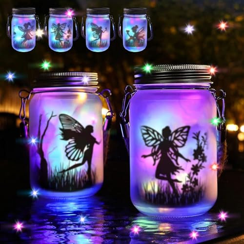 Schmetterlingsfee im Einmachglas,Solar Laternen für Draußen,2 Stück Solarglas Solarleuchte,Hängend Solar Laterne,LED Solar Gartenleuchte Wasserdicht Hängend,Hängend Solar Laterne Lichter für Außen