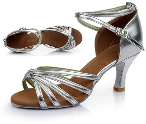 Healeved Silver Latin Dance Shoes for Women Open-Toed High Heels with Knotted Strap Ballroom Dance Heels in Snakeskin Grain Design for Salsa Performance and Banquet Wear Size 40