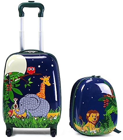 Maxmass 2PCS Kids Luggage Set, Kids Hard Shell Trolley Case with 4 Universal Wheels, Children Backpack and Suitcase for Boys Girls Travel School (Lion+Elephant, 12+16)