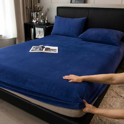 Boqingzhu Flauschige Plüsch Spannbettlaken 180x200cm Blau Dunkelblau Fleece Flanell Cashmere Touch Spannbetttuch Winter Kuschelig Bettlaken für 25 bis 30cm Matraze