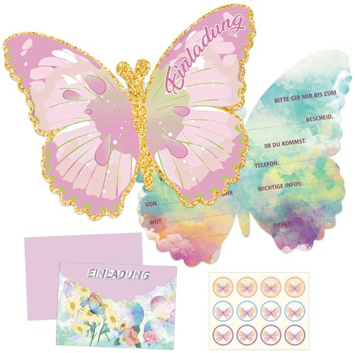 JOKILY 12 Stück Deutsch Schmetterling Einladungskarten, Schmetterling Einladungskarten Kindergeburtstag, Party Invitation Cards, Party Einladung Karte, Geburtstagseinladungen Partyeinladungen