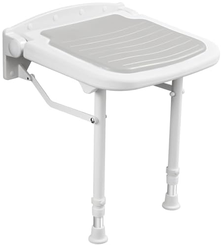 Caredear Wall Mounted Shower Seats w/PU Cushion Support 550lbs, Adjustable Height Folding Shower Chair Wall Mounted for Elderly-Adults-Pregnants-Seniors-Disabled