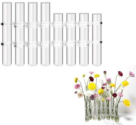 Glas Reagenzglas Vase Set - Blumen Hydrokultur Deko Pflanzen Test Tube Ständer mit Klappverschluss - Transparentes Glasröhrchen Hydroponik Terrarium für Blumen.(8 Röhrchen unterschiedliche Höhen)