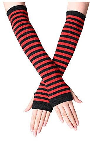 DUHGBNE Fingerlose lange Handschuhe Punk Gothic Warmer Arm Handschuhe Armstulpen Schwarz Rot (Red, One Size)
