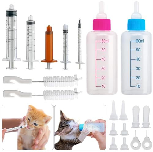 DONQL Aufzuchtflasche Kitten, 2 Stück Aufzuchtflasche Katze 60ml, Aufzuchtflasche Hund Mit 10 Nippel 5 Spritze, Katzen Flasche Set, Kitten Milch Aufzucht Für Welpen, Kätzchen, Eichhörnchen Kalb Lamm