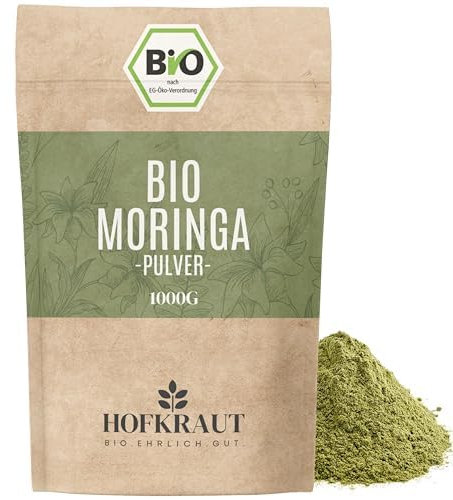 HOFKRAUT | BIO Moringa Pulver 1000g | 100% Rückstandskontrolliert | Rohkostqualität | BIO Moringa Oleifera Blattpulver | Meerrettichbaum | Ideal für Smoothies, Säfte und gesunde Rezepte