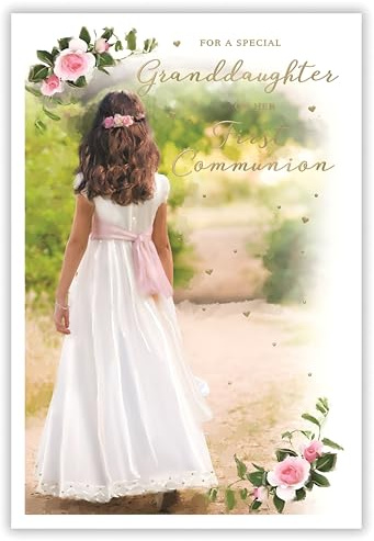 ICG Granddaughter First Holy Communion Congratulations Card - Communion Congratulations Card with Artistic Girl in White Dress Design and Foil Details