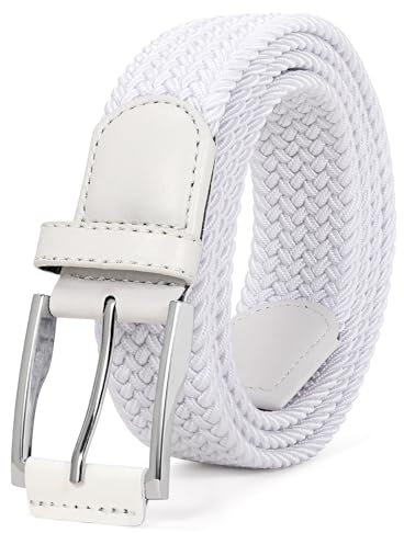 JasGood Geflochtener Stretchgürtel Stoffgürtel Elastischer Gürtel für Herren und Damen Dehnbarer Flechtgürtel Golfgürtel für Herren Jeans Hosen,Weiß,130cm