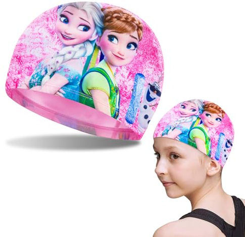 Badekappe Kinder, Unisex Stoff-Badekappe, Frozen Cartoon Thema, Schwimmkappe Kinder 2-12Jahre, Weiche und Strapazierfähige Schwimmkappe sind für alle Wasseraktivitäten Geeignet