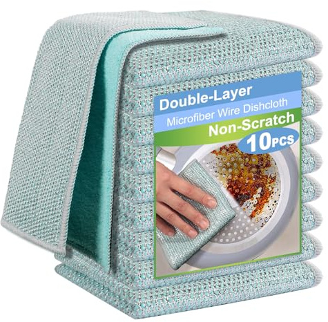TIVERAIN 10pcs New Upgrade 2-Layer Microfiber Wire Dishcloth,Non-Scratch Wire Dishwashing Rags for Wet and Dry,Metal Scrubbers, Kitchen Miracle Cleaning Dish Rags for Cookware,Sinks, Dishes,Stove,Blue