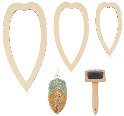 BENECREAT 4 Juego de Suministros de Macramé, Plantilla de Hoja de Macramé de Madera, 3 Molde de Corte Y 1 peines de Acero Inoxidable para Hacer Borlas de Plumas de Macramé., Lágrima Delgada