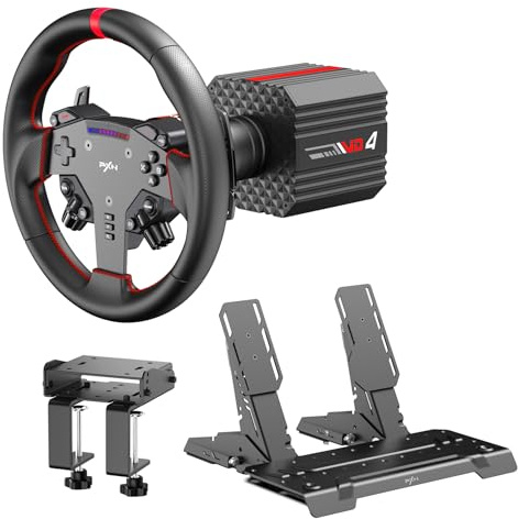 PXN VD4 Bundle, PC Steering Wheel and Pedals – 4 Nm Direct Drive Servo Motor Base, W AS Racing Wheel, Hall Effect 2-Pedal Set, and Table Clamp – Professional Sim Racing Setup for Windows PC (7–11)