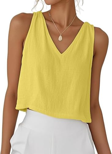 PADOLA Débardeur Femme Lin Chic et Élégant Col V Debardeur Court Été Uni Top sans Manche Coton Basique Tee Shirt Grande Taille Lâche Haut Fluide Débardeurs Ample Caraco