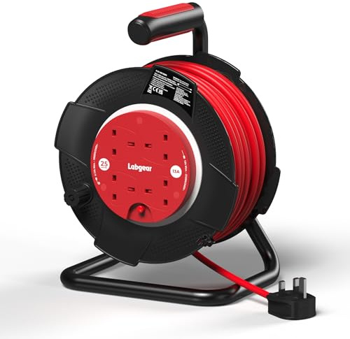Labgear Extension Lead 25m Heavy Duty Cable Reel 4 Socket 13A Power Reel with Thermal Cut-Out Protection, Durable Drum and Carry Handle Black/Red