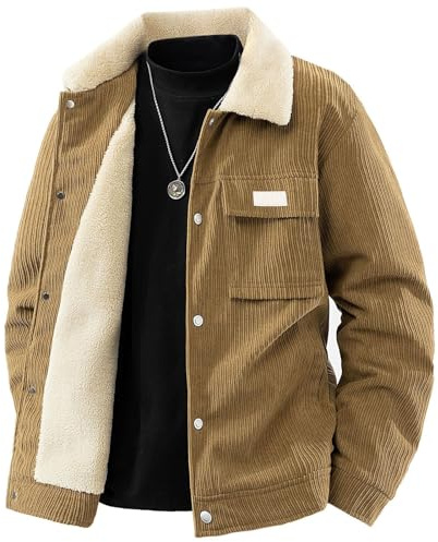 Générique Giacca in velluto a coste da uomo, colletto classico, fodera in pile da uomo, giacca in corduroy invernale spessa cappotto corto imbottito caldo, giacca retrò Lampasse Style Lavoro Giacca