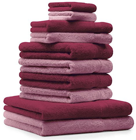 Betz 10-TLG. Handtuch-Set Premium 100% Baumwolle 2 Duschtücher 4 Handtücher 2 Gästetücher 2 Waschhandschuhe Farbe Altrosa & Dunkel Rot