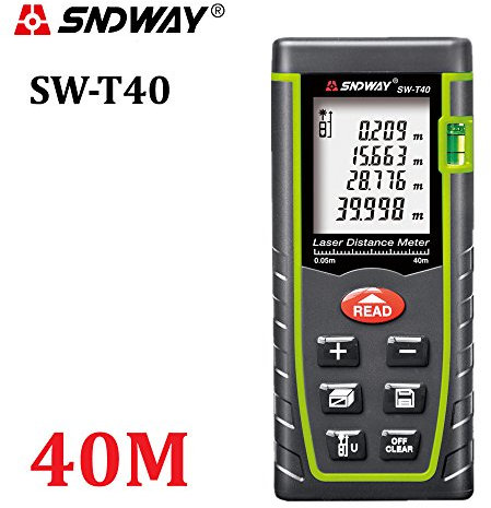 SNDWAY Mètre de distance numérique laser avec niveau à bulle, mesure 0,05 à 40 m, grand écran LCD rétroéclairé, multifonction, classe laser II, IP54, T60