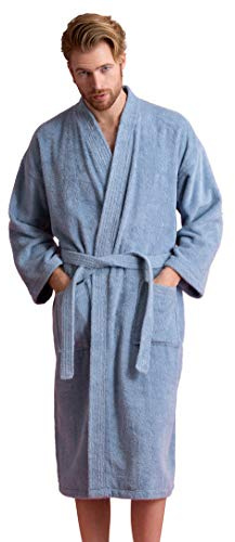 Men's Turkish Terry Kimono Style Bathrobe - 100% Cotton - Comfortable & Absorbent - Soft & Cozy Wear - Adjustable Wrap Belt (Light Blue, Large)