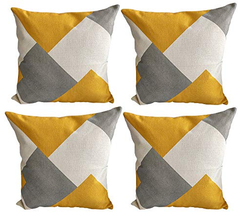 MISSKILY Set of 4 Thick Mustard Yellow Polyester Geometric Printed Design Sofa Cushion Covers with Hidden Zip Closure 18x18 Inch 700g (Grey White Yellow Puzzle, 18x18(45x45cm) - 700g)