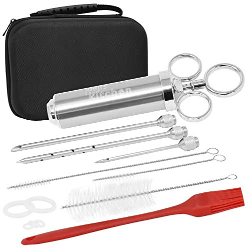 joeji's Kitchen Fleischspritze Marinierspritze Bratenspritze 304 Edelstahl mit 3 Nadeln 60ml fur Rind Pulled Pork - Komplettes Marinaden-Set mit Premium-Reiseetui