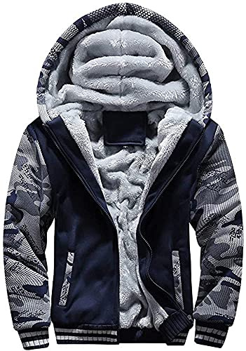 LEZUAN Felpa con Cappuccio Uomo Inverno Caldo Hoodie con Cerniera Integrale Felpe Uomo Manica Lunga Pullover Giacca di Spessore Cappotto in Pile Foderato(Blu Mimetico,4XL)