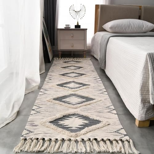 JaeMoose Tapis en Coton touffeté Lavable avec Pompons - Couvre-lit à Poils Longs géométrique tissé - Tapis bohème pour buanderie/Chambre à Coucher