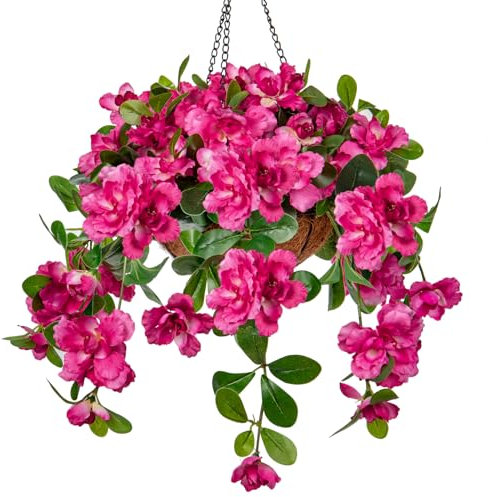 Briful 19.7 Hanging Basket Artificial Flowers Azalea Silk Flowers Pink Artificial Flowers Fake Azalea Flowers Hanging Basket for Home Garden Decor