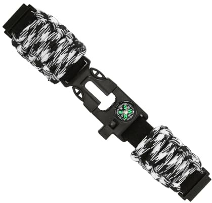 DAUZ Bracciale in Paracord con Fischietto, Fibbia da 22 Mm Cinturino per Orologio in Paracord 6 in 1 Elegante Accendifuoco per l'arrampicata (Camuffamento bianco nero)
