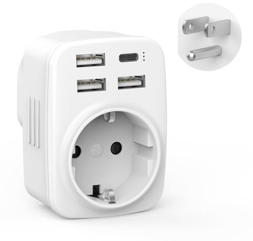 Clomnpe Adaptador Enchufe USA, Adaptador Enchufe Europeo/Español a Americano con 3 USB y 1 USB C, Diseño Compacto, Tipo B Plug para EEUU, México, Canada, Tailandia, Colombia, Perú