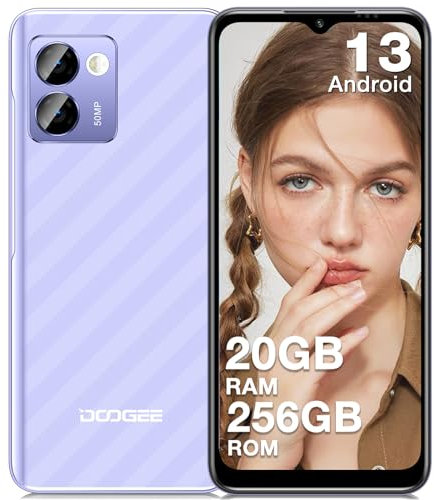 DOOGEE Teléfono Móvil N50 Pro, 20GB RAM+256GB ROM, Android 13, 50MP AI Cámara, Mini Movil 6,52 Pulgadas HD+, 1TB Ampliable, 4200mAh Batería 18W, Widevine L1 Smartphone 4G OTG/GPS/Face ID-Huella