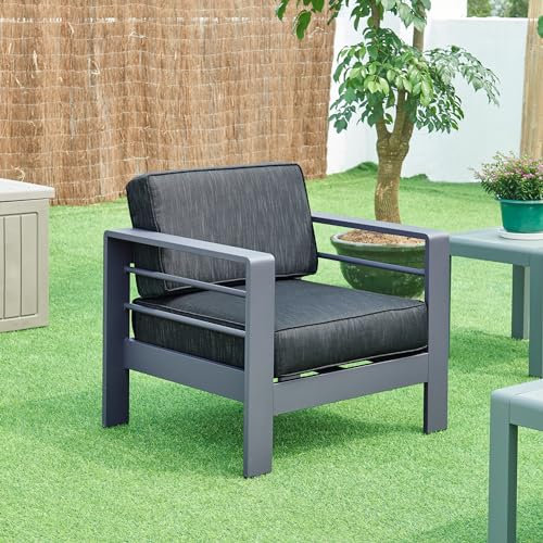 casa.pro Gartensessel Avise Loungesessel Outdoor Sessel Balkonstuhl mit Armlehnen Aluminium mit Polsterkissen wetterfest Lehnsessel 62 x 81 x 70 cm Dunkelgrau