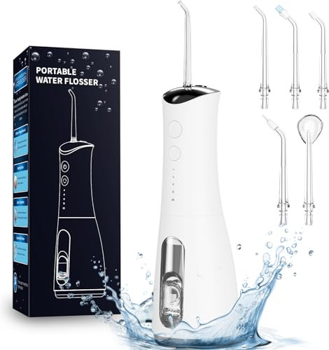 IVISMILE - Pulitore elettrico per denti portatile, 4 modalità, vincitore del test dell'irrigatore orale con 5 ugelli, Flosser dell'acqua ricaricabile IPX7, impermeabile, serbatoio dell'acqua da 300